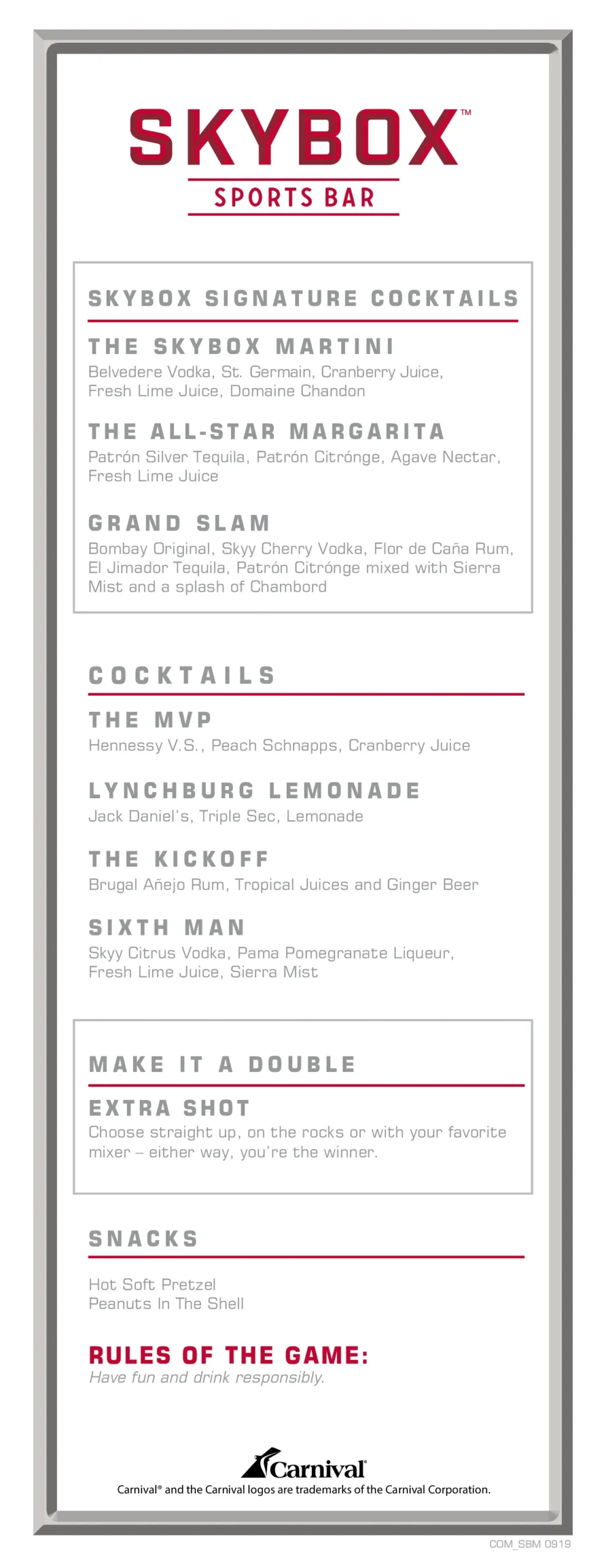 SkyBox Sports Bar menu