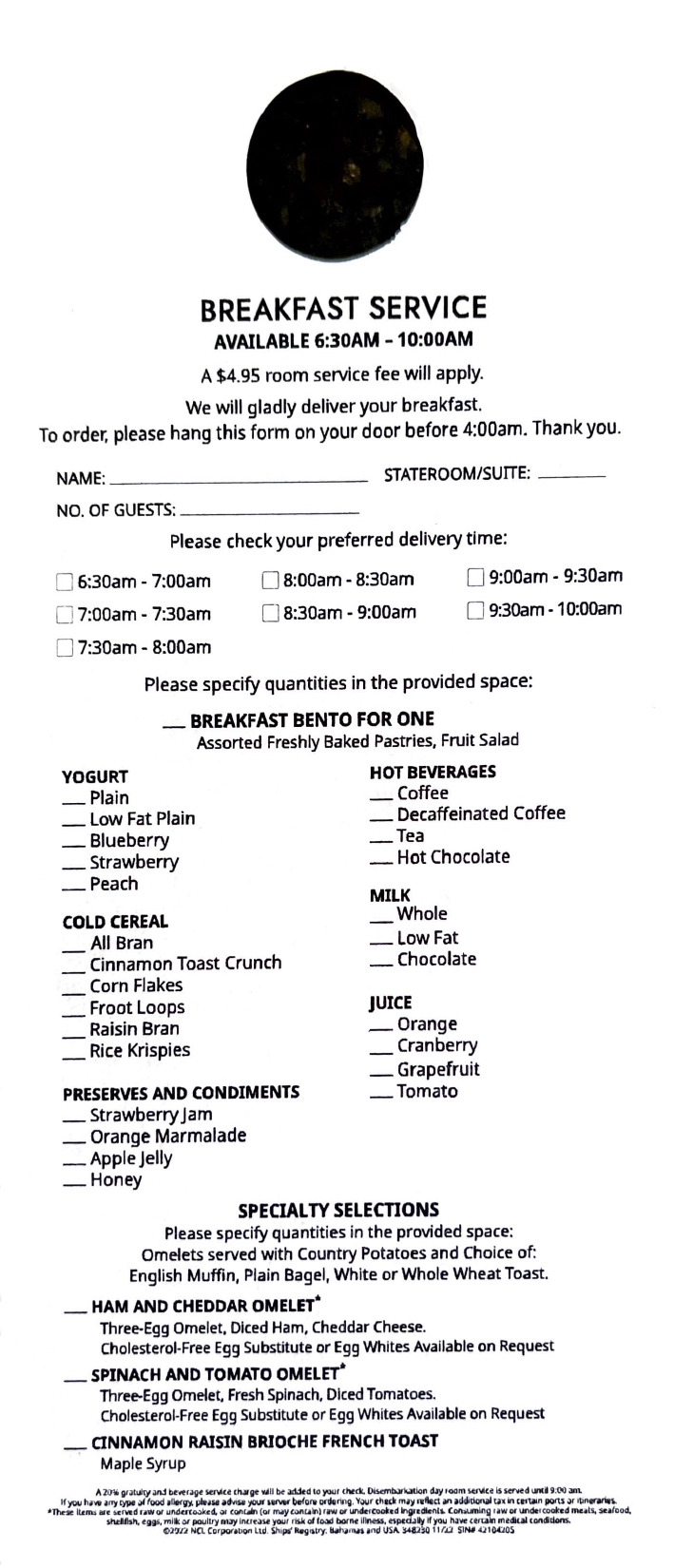 NCL Room Service Breakfast Menu