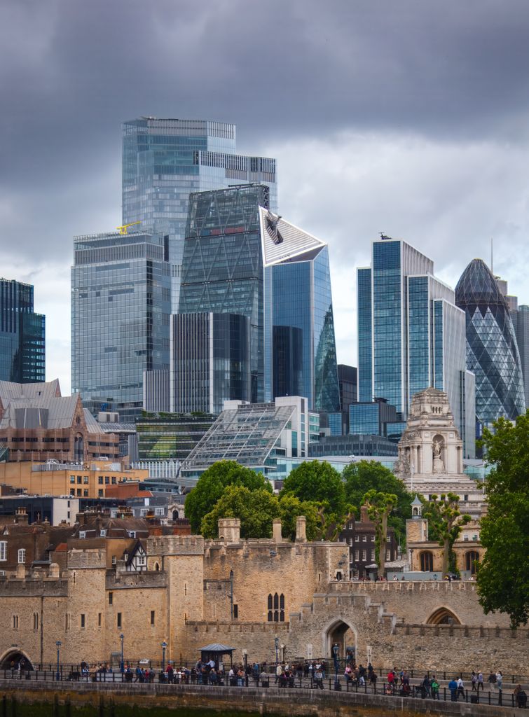 A stunning view of London's modern skyscrapers alongside historic structures.