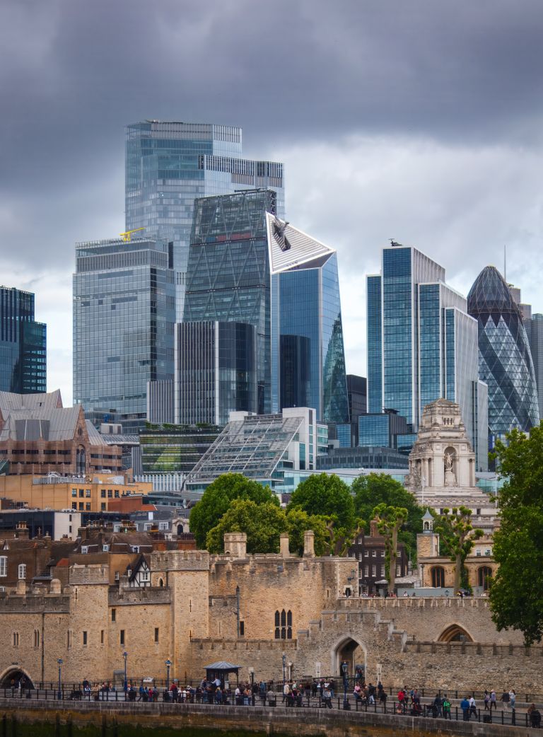 A stunning view of London's modern skyscrapers alongside historic structures.
